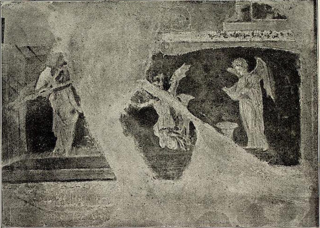 VI.15.1 Pompeii. Painted panel (0.23m high, x 0.53m wide) from west wall at south end.
Described by Sogliano as –
“Tre Psichi occupate a cogliere fiori e a riporli nel kalathos: quella di mezzo era inginocchiata, e le due laterali, l’una a dritta quasi di profilo e l’altra a sinistra di spalle, sono ritte; e quella a destra tiene con ambe le mani un seno del manto colmo di fiori. Danneggiato.”
(Three Psyche busy picking flowers and placing them in the kàlathos: the middle one is kneeling and the two side ones, the one on the right almost in profile and the other on the left seen from behind are upright: and the one on the right holds with both hands the mantle full of flowers. Damaged.)
See Sogliano, A. La Casa dei Vettii in Pompei Mon. Ant. 1898, p. 367-368, fig. 60).
