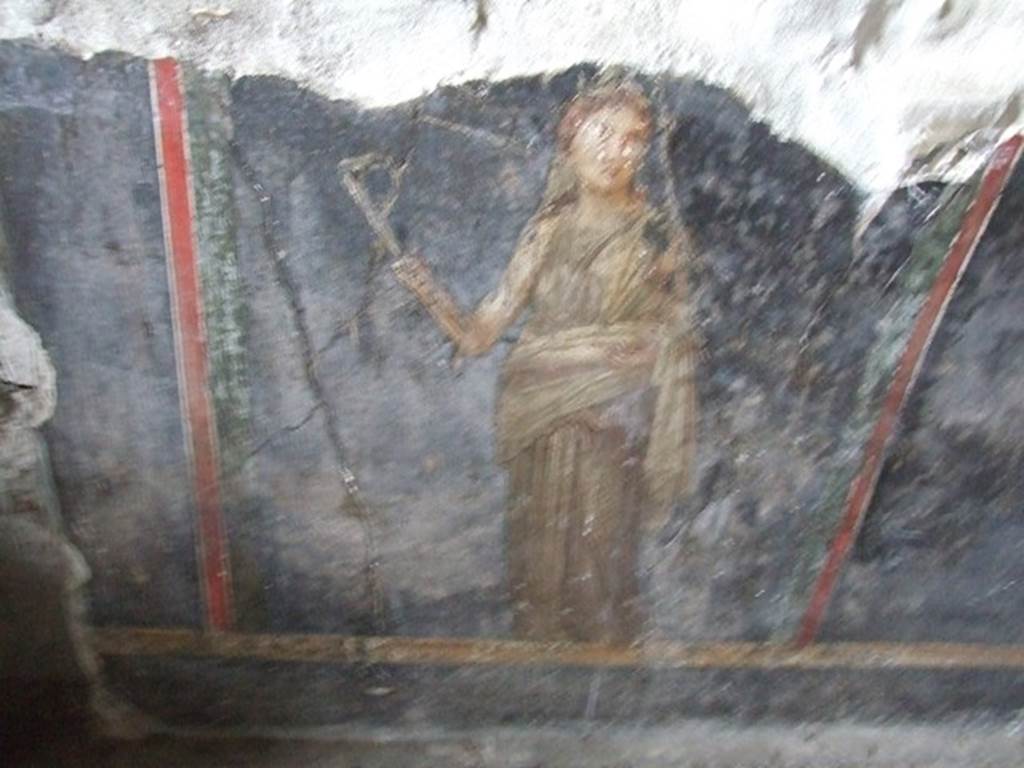 VI.15.1 Pompeii. December 2006. West wall with detail of painting of female figure or priestess holding implement of sacrifice.