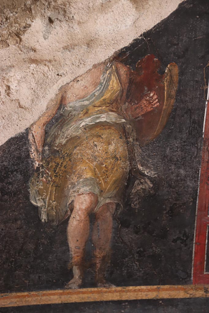 VI.15.1 Pompeii. October 2023.
Painted panel in zoccolo of Amazon with shield. Photo courtesy of Klaus Heese.
