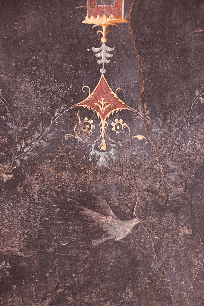 VI.15.1 Pompeii. October 2024.
Lower west wall with detail of painted decoration on zoccolo. Photo courtesy of Klaus Heese.
