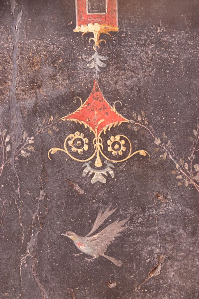 VI.15.1 Pompeii. October 2024.
Lower west wall with detail of painted decoration on zoccolo. Photo courtesy of Klaus Heese.