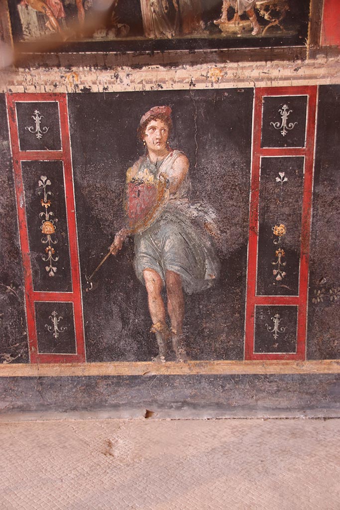 VI.15.1 Pompeii. October 2024.
Zoccolo on lower west wall on south side of central panel with Amazon holding axe and shield.
Photo courtesy of Klaus Heese.