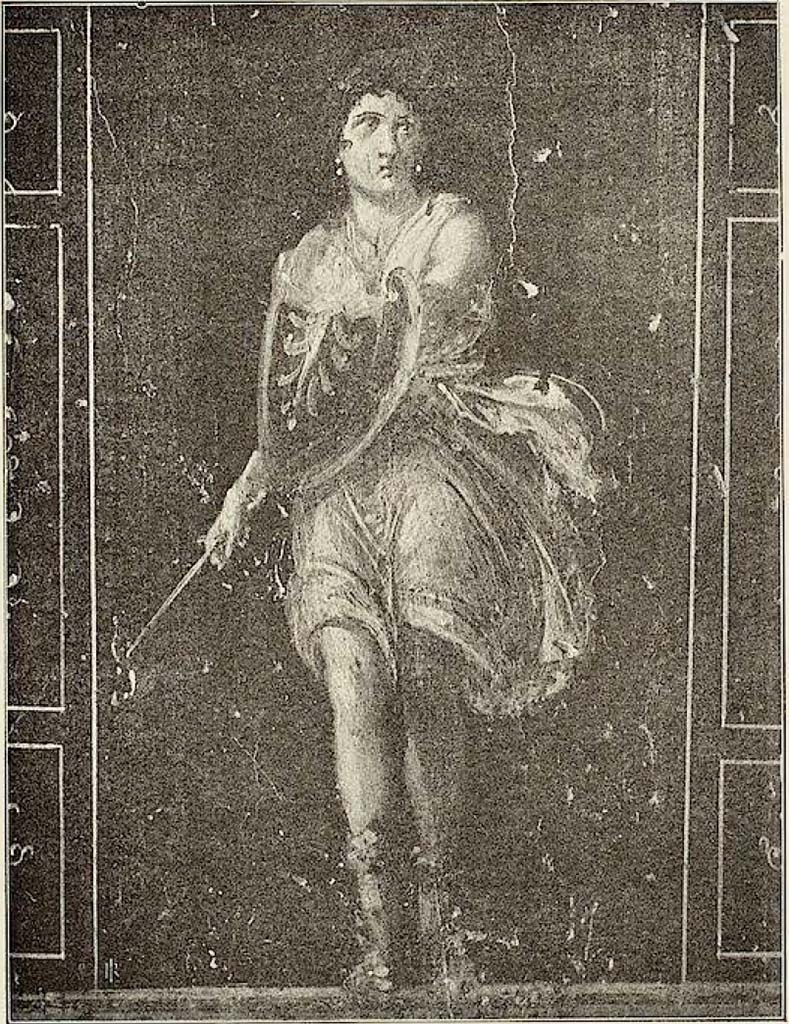 VI.15.1 Pompeii. Painted panel on zoccolo (0.53 high) from west wall on south side of central panel.
Described by Sogliano as –
“Amazzone simile: ha berretto frigio rosso in testa, corta vesta grigia, coturni ai piedi, ed era adorna di orecchini; nella dritta abbassata la scure, al braccio sinistro lo scudo.”
(Similar Amazon: with red Phrygian cap on head, a short grey robe, half-boots on feet, and was adorned with earrings: holding in the right hand the lowered axe, with shield held in the left arm.)
See Sogliano, A. La Casa dei Vettii in Pompei Mon. Ant. 1898. (p.373-374, fig. 63).