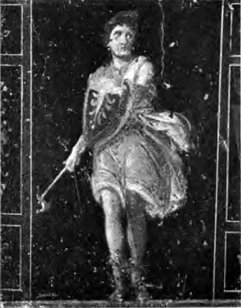 VI.15.1 Pompeii. c.1896. Detail from west wall on south side of central panel, Amazon armed with a shield.
According to BdI’s description -
Red cap: sky-blue gown affixed on both shoulders.
The shield, in front of the chest, was red with wide yellow margin: in the red background was a dark plant-like ornament; the axe was lowered to the left.
(136. Berretto rosso; chitone celeste affibbiato su ambedue le spalle.
La pelta, avanti al petto, era rossa con largo margine giallo: nel campo rosso un ornamento vegetale scuro;
la scure abbassato a sinistra.)
See Bullettino dell’Instituto di Corrispondenza Archeologica (DAIR), Mitteilungen 11, 1896, (p.65, no.136.)