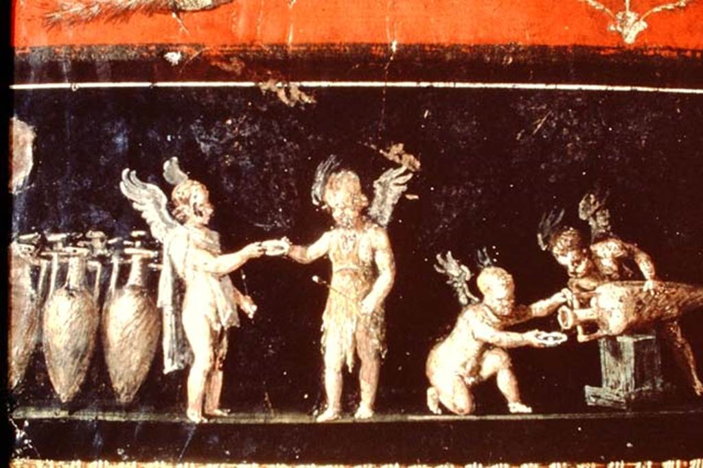 VI.15.1 Pompeii. 1968. Detail from west wall of painting of cupids buying and selling wine.
Photo by Stanley A. Jashemski.
Source: The Wilhelmina and Stanley A. Jashemski archive in the University of Maryland Library, Special Collections (See collection page) and made available under the Creative Commons Attribution-Non Commercial License v.4. See Licence and use details.
J68f1813