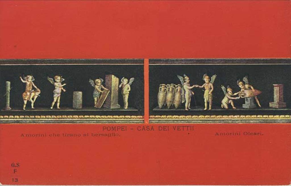 VI.15.1 Pompeii. Early 20th century postcard by G. Sommer, no.13. On the right is the painting from the west wall with painting of cupids buying and selling wine. The painting on the left shows the cupids at target practice, this painting is from the south wall in south-east corner. Photo courtesy of Rick Bauer.
