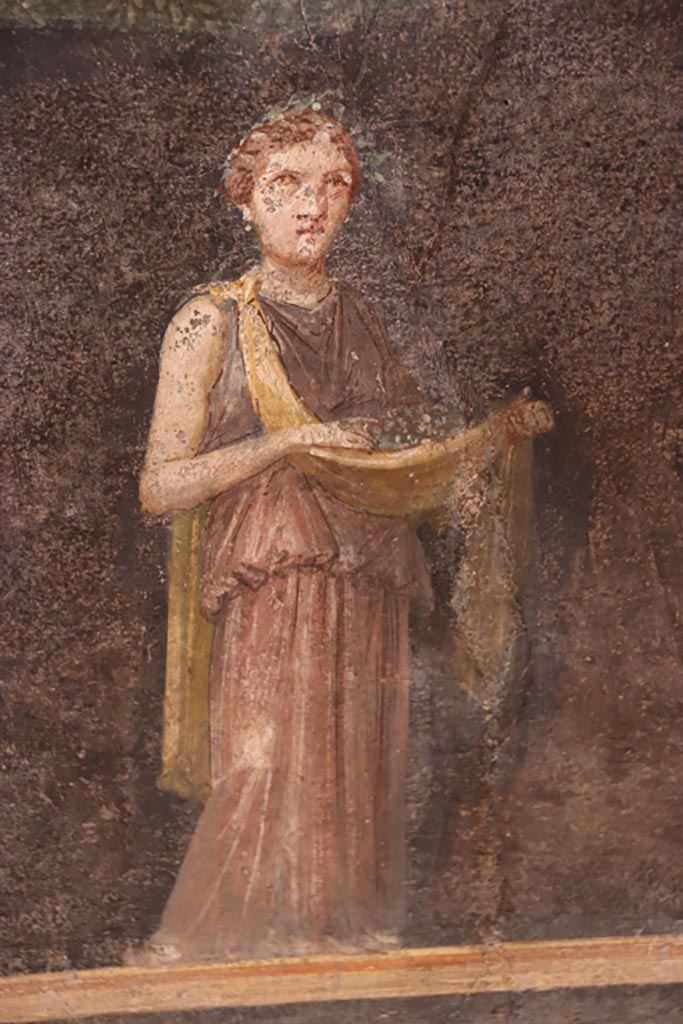 VI.15.1 Pompeii. October 2023.
Zoccolo at north end of west wall with detail of painting of female figure or priestess holding flowers in a fold in her robe.
Photo courtesy of Klaus Heese.