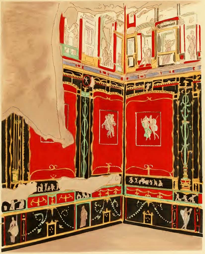 VI.15.1 Pompeii. Undated painting by Pierre Gusman. Looking towards north-west corner in room of the cupids or cherubs.
(XXII. Exedra de la maison des Vettii (Région VI, 15, 1). Quatrième style.)
See Gusman P., 1924. La Décoration Murale de Pompei. Paris : Morancé, pl. XXII.