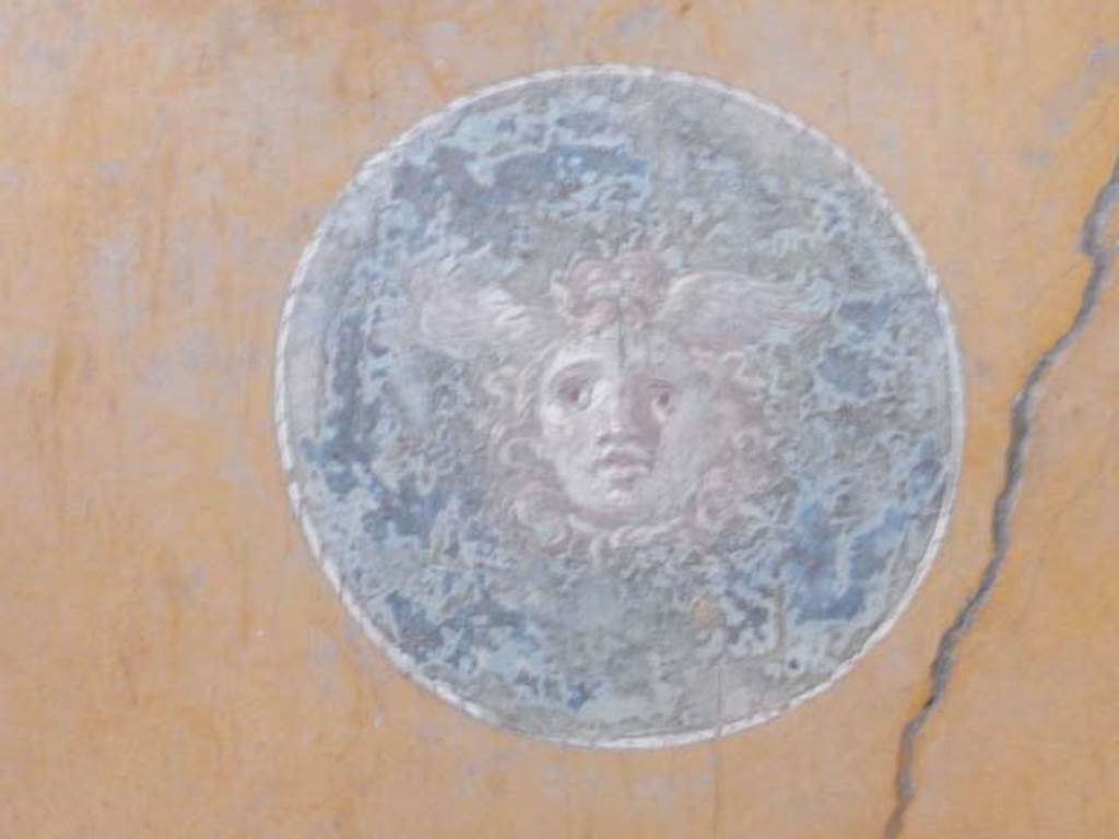 VI.15.1 Pompeii. May 2017. Detail of painted medallion from east end of north wall, in ala to the north of atrium. Photo courtesy of Buzz Ferebee.