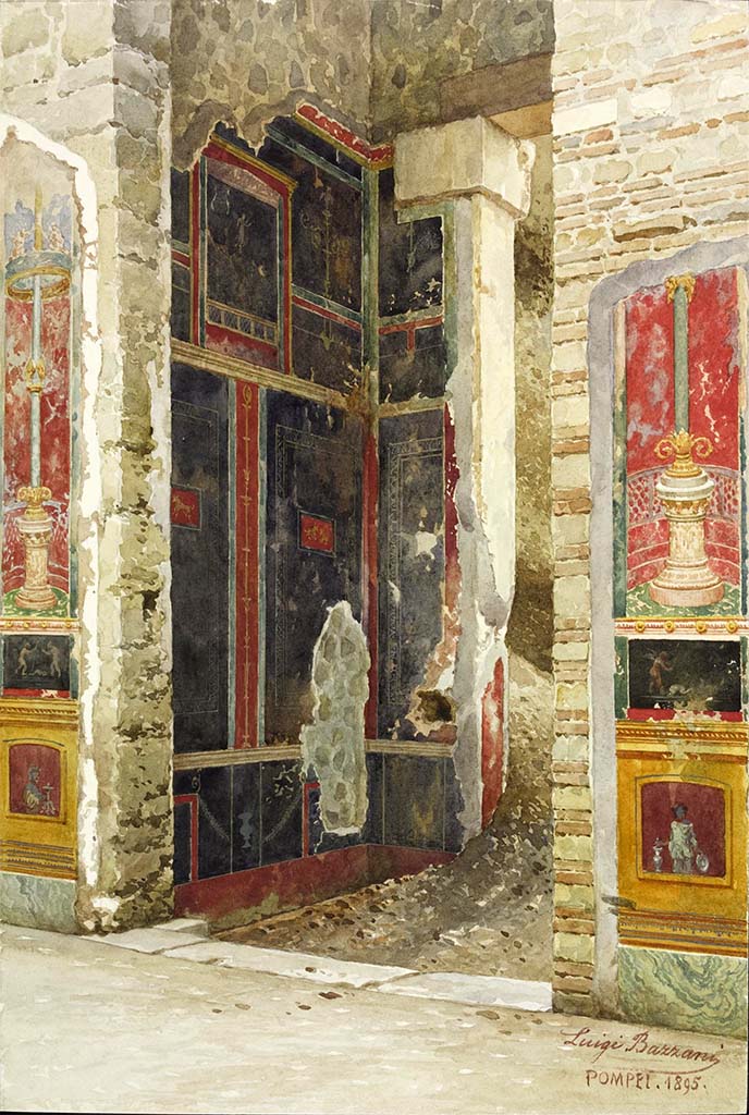 VI.15.1 Pompeii. 1895. Watercolour by Luigi Bazzani.
Looking east towards north side of entrance vestibule and doorway and vestibule, from atrium.
Photo © Victoria and Albert Museum. Inventory number 6-1898.