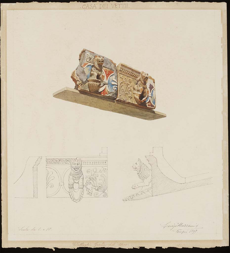 VI.15.1 Pompeii. 1897. Watercolour by Luigi Bazzani of grondaia (water-spouts) above atrium.
Photo © Victoria and Albert Museum. Inventory number 20-1898.