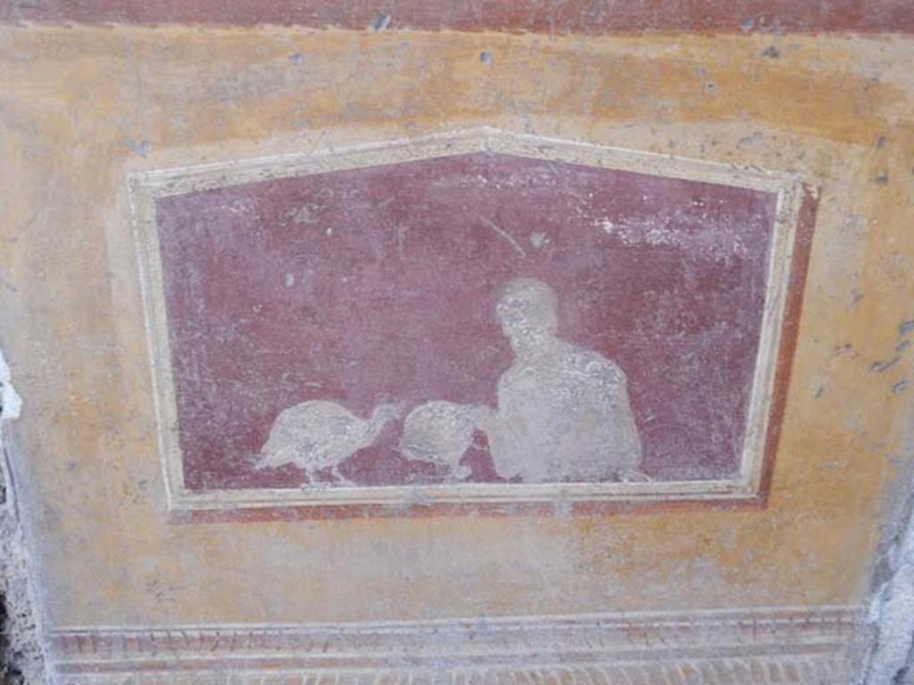 VI.15.1 Pompeii. May 2017. Detail of painting in atrium between doorways to bedroom on left of main entrance and oecus on south side, after restoration.
Photo courtesy of Buzz Ferebee.