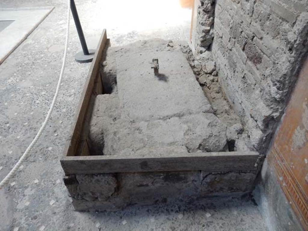 VI.15.1 Pompeii. May 2017. Looking west across position of strong box on north side of atrium. Photo courtesy of Buzz Ferebee.