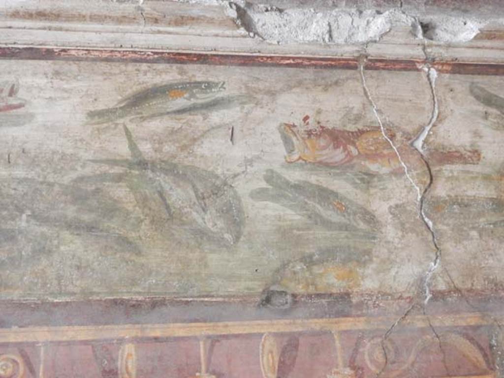 VI.15.1 Pompeii. May 2017. Detail from frieze of fishes and marine life on north wall.
Photo courtesy of Buzz Ferebee.