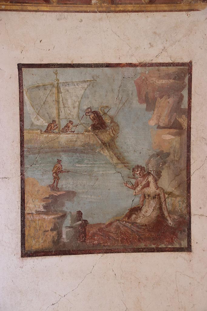 VI.15.1 Pompeii. October 2024.
Central wall painting from north wall of bedroom on left of main entrance, Ariadne being abandoned by Theseus.
Photo courtesy of Klaus Heese.