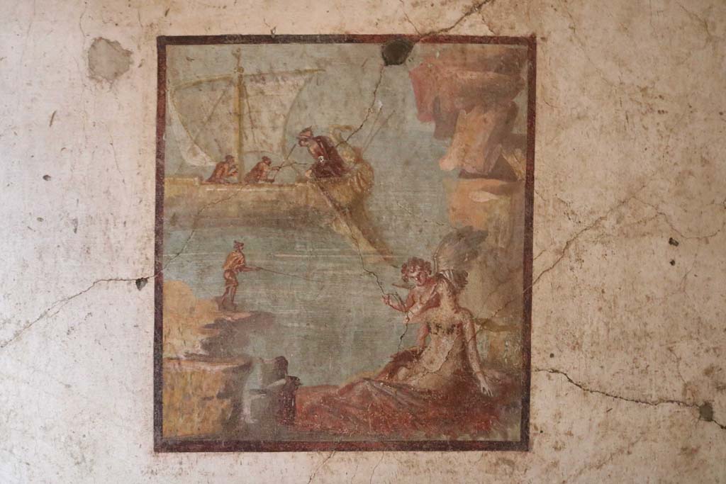 VI.15.1 Pompeii. December 2018.
Central wall painting from north wall of bedroom on left of main entrance, Ariadne being abandoned by Theseus.
Photo courtesy of Aude Durand.