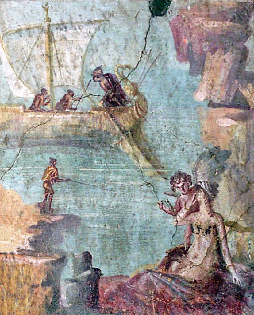 VI.15.1 Pompeii, October 2001.
North wall of bedroom on south of entrance corridor, with central painting of Ariadne being abandoned by Theseus.
Ariadne is being watched over by a cupid. Photo courtesy of Peter Woods.