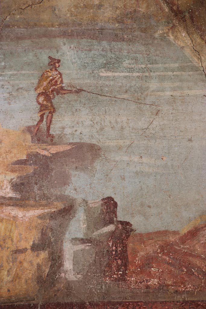 VI.15.1 Pompeii. October 2024.
Detail from wall painting in centre of north wall. Photo courtesy of Klaus Heese.