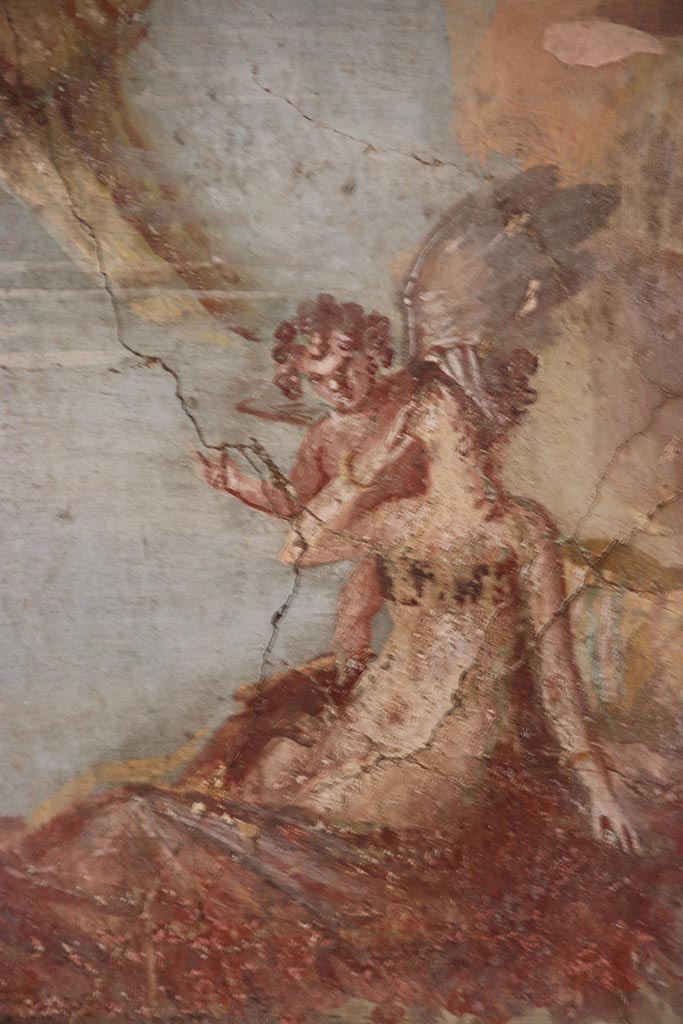 VI.15.1 Pompeii. October 2024.
Detail from wall painting in centre of north wall. Photo courtesy of Klaus Heese.