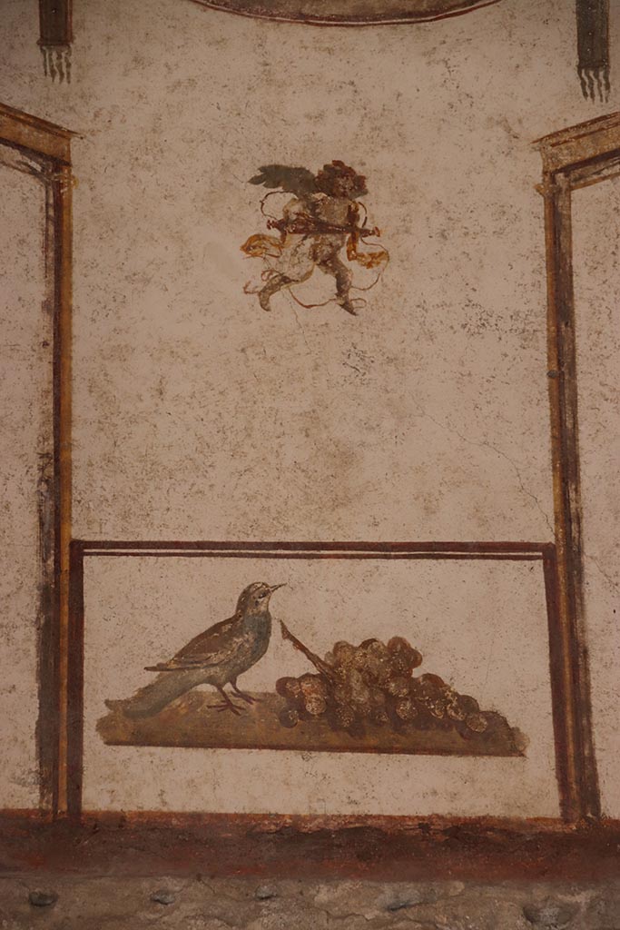 VI.15.1 Pompeii. October 2024.
Upper centre of east wall of bedroom. Photo courtesy of Klaus Heese.