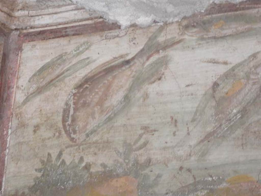 VI.15.1 Pompeii. May 2017. Detail from frieze at north end of east wall of bedroom on left of main entrance. Photo courtesy of Buzz Ferebee.