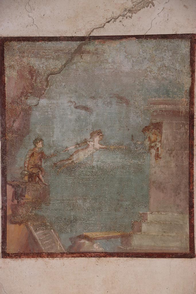 VI.15.1 Pompeii. October 2024.
Central panel on south wall of bedroom (d). Photo courtesy of Klaus Heese.