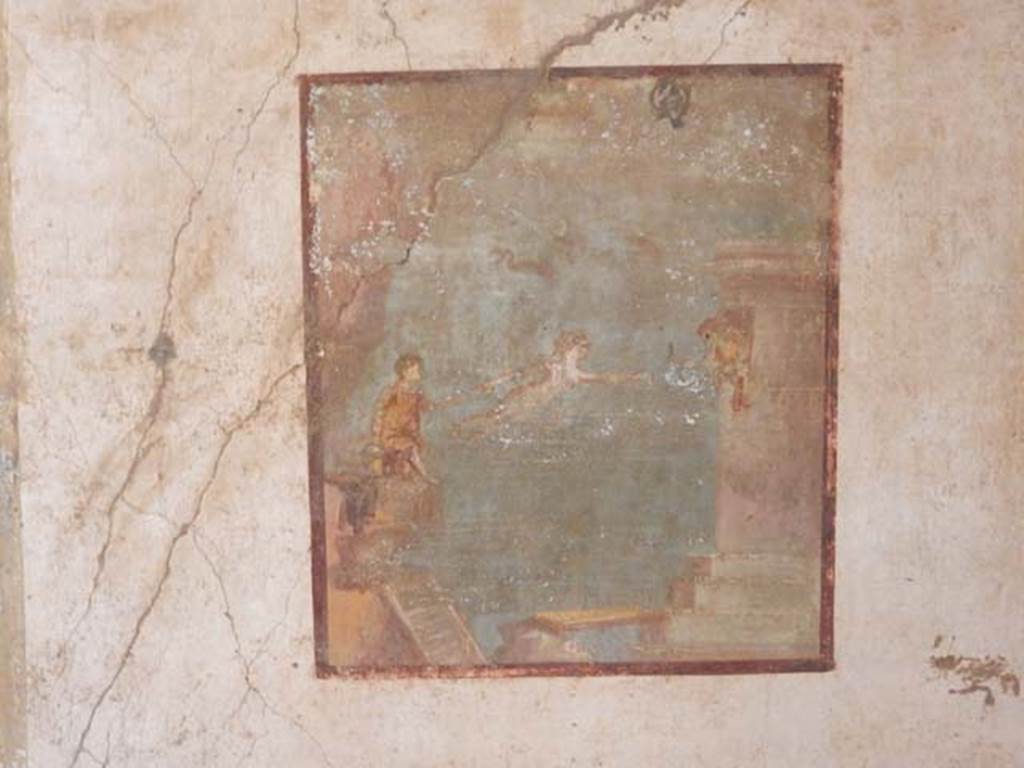 VI.15.1 Pompeii. May 2017. South wall of bedroom on left of main entrance, with painting of Leander swimming towards his beloved Hero in her tower. Photo courtesy of Buzz Ferebee.