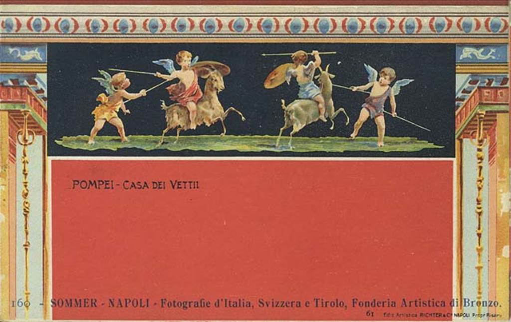 VI.15.1 Pompeii. Early 20th century postcard showing painting of wall decoration from pilaster in atrium to north of doorway to bedroom. Photo courtesy of Rick Bauer.