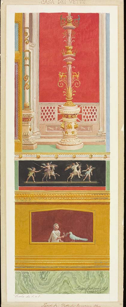 VI.15.1 Pompeii. 1897. Watercolour by Luigi Bazzani.
Painted panel on north side of doorway to bedroom on north side of main entrance.
Photo © Victoria and Albert Museum. Inventory number 13-1898.
