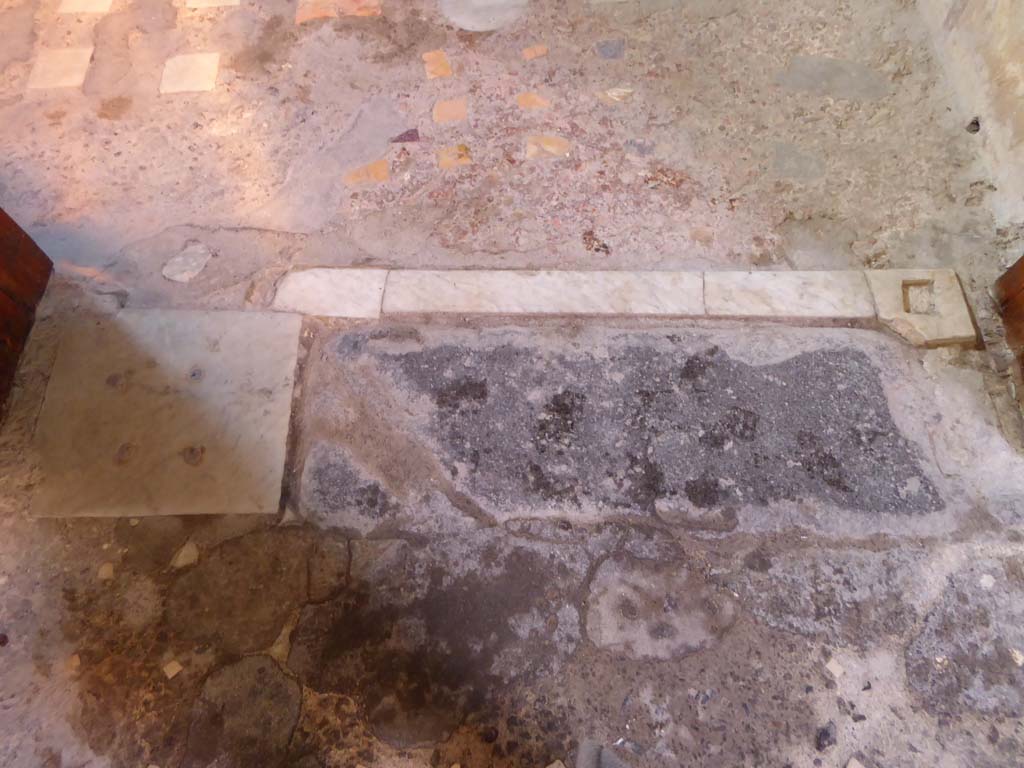 VI.15.1 Pompeii. January 2017. Threshold and flooring between atrium and oecus.
Foto Annette Haug, ERC Grant 681269 DÉCOR.
Next to the lava threshold there is a marble slab, fixed with four pivots on which the multi-leaf door was gathered.
The marble threshold was inserted into the previous cocciopesto floor with polychrome marble flakes and tiles.
See Carratelli, G. P., 1990-2003. Pompei: Pitture e Mosaici. Roma: Istituto della enciclopedia italiana, p. 486.