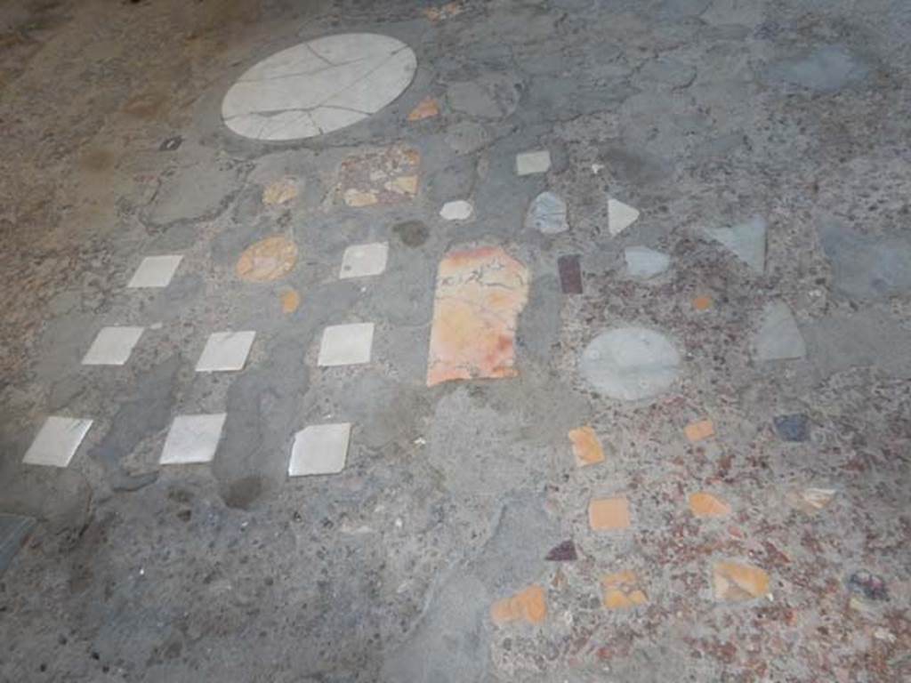 VI.15.1 Pompeii. May 2017. Flooring in oecus (e), looking south. Photo courtesy of Buzz Ferebee.
The cocciopesto floor with polychrome marble tiles and flakes arranged to outline a sort of central carpet dates back to the 1st century BC.
See Carratelli, G. P., 1990-2003. Pompei: Pitture e Mosaici. Roma: Istituto della enciclopedia italiana, p. 486.