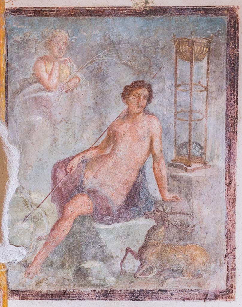 VI.15.1 Pompeii. March 2023.
Central wall painting of the Metamorphosis of Cyparissus from north wall. Photo courtesy of Johannes Eber.