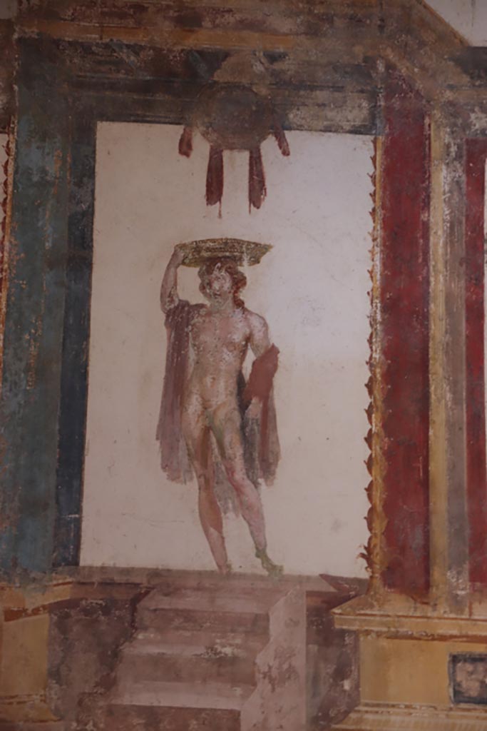 VI.15.1 Pompeii. October 2023.
Detail of painting from upper east wall at north end. Photo courtesy of Klaus Heese.