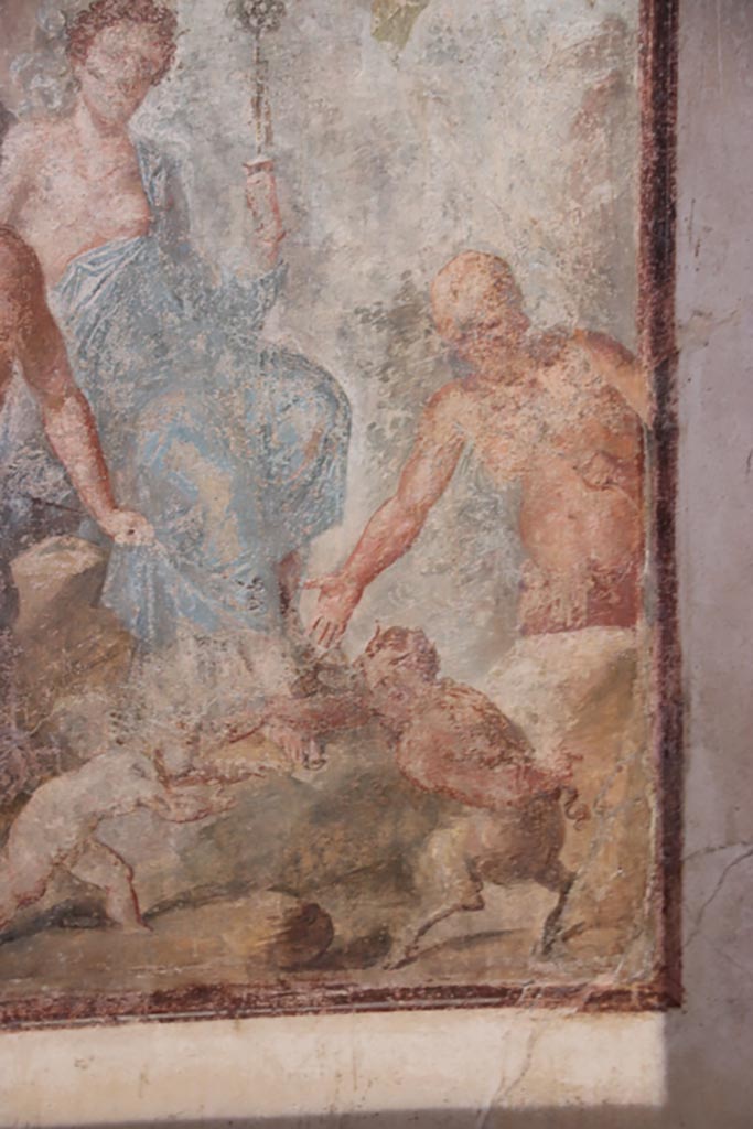 VI.15.1 Pompeii. October 2023.
Detail from central painting on south wall showing the fight between Eros and Pan.
Photo courtesy of Klaus Heese.