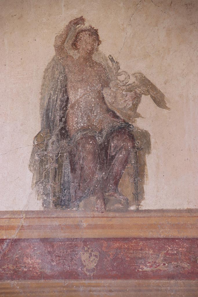 VI.15.1 Pompeii. October 2024.
Detail of painted figure of Leda and the Swan from centre of upper south wall of oecus.
Photo courtesy of Klaus Heese.