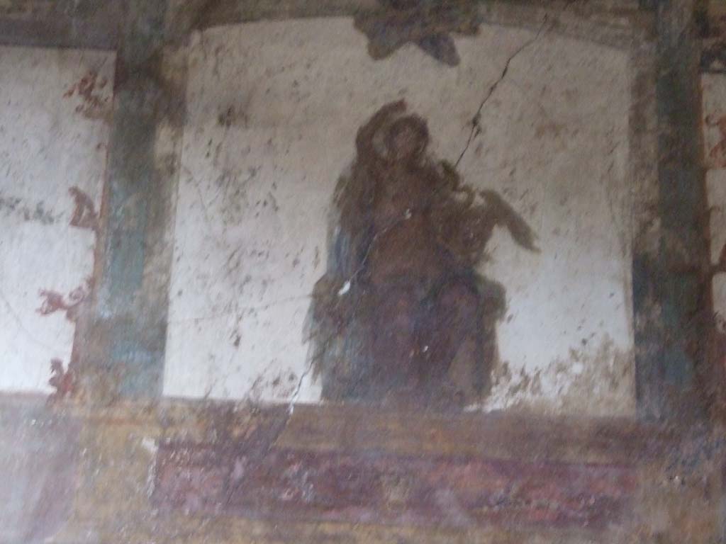 VI.15.1 Pompeii. December 2006.
Detail of painting of Leda and the swan from upper centre of south wall in oecus on south side of atrium.