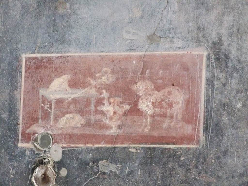 VI.15.1 Pompeii. December 2006. Painted panel from north wall of vestibule. According to Sogliano, the two black panels on the north wall also contained a small rectangular panel on a red background. This represented the attributes of Mercury, being a ram, and a vase, and placed on a table were the caduceus and the purse. Under the table, on the floor was a tortoise.
See Sogliano, A: La Casa dei Vettii in Pompei, 1898, (p.237)