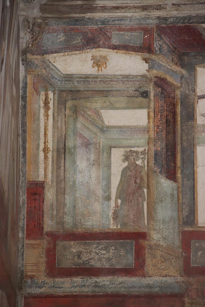 VI.15.1 Pompeii. October 2024.
Upper east wall of exedra, detail from north end. Photo courtesy of Klaus Heese.