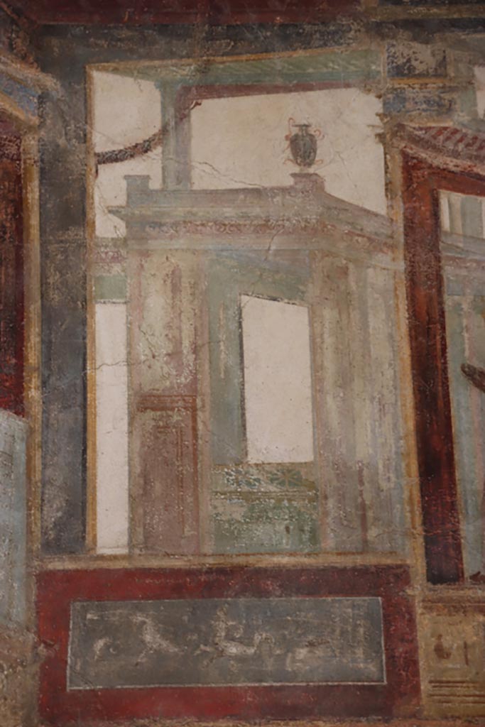 VI.15.1 Pompeii. October 2023.
Upper east wall of exedra, continuation from north end. Photo courtesy of Klaus Heese.
