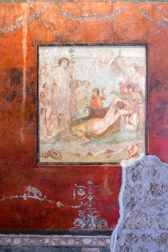 VI.15.1 Pompeii. March 2023.
Central painting on south wall - Bacchus watching over the sleeping Ariadne after she was abandoned by Theseus.
Photo courtesy of Johannes Eber.