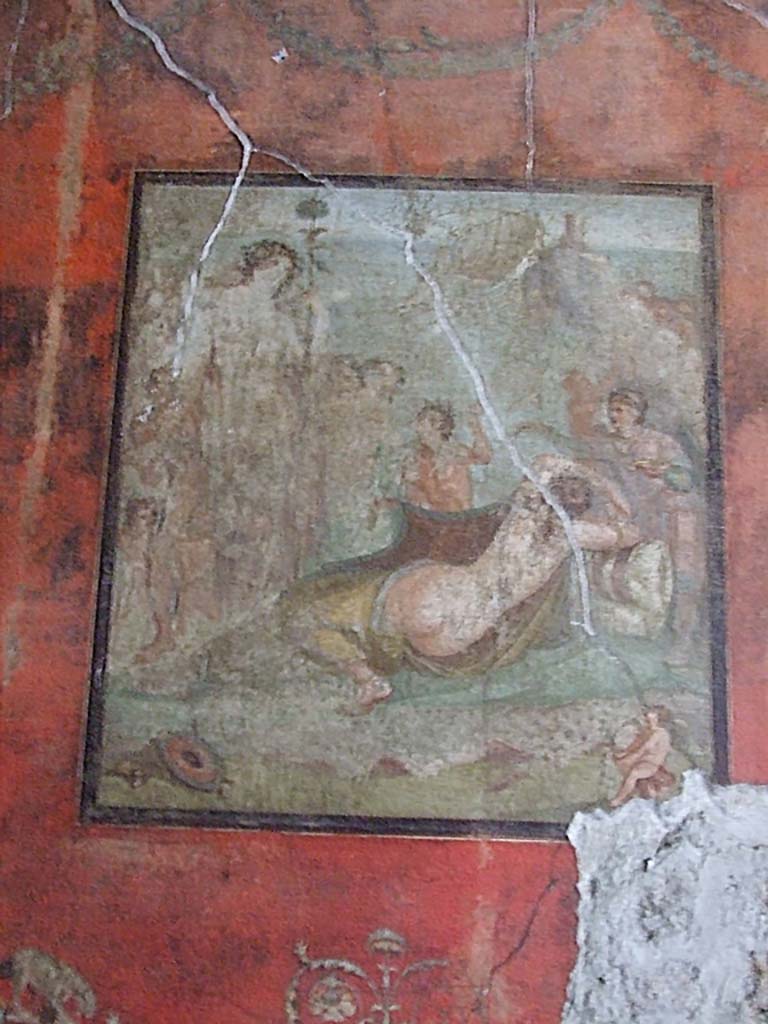 VI.15.1 Pompeii. December 2006. South wall of exedra.
Wall painting of Bacchus watching over the sleeping Ariadne after she was abandoned by Theseus.
Bacchus and his attendant Maenads and Satyrs can be seen in the top, left hand side, faintly conserved.
Theseus sailing away on his boat would have been seen in the upper centre of the painting.