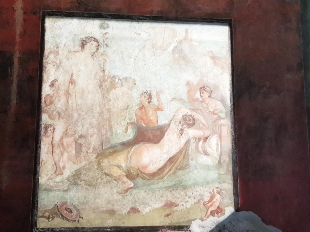 VI.15.1 Pompeii. January 2023.
Central wall painting from south wall of Bacchus watching over the sleeping Ariadne after she was abandoned by Theseus.
Photo courtesy of Miriam Colomer.