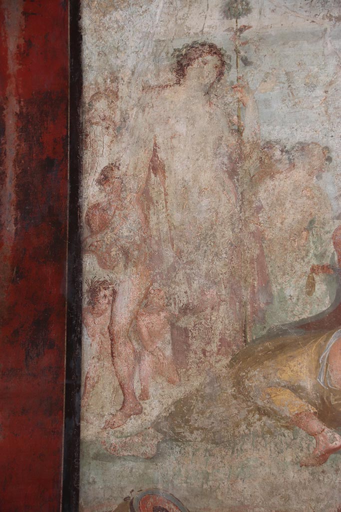 VI.15.1 Pompeii. October 2024.
Detail from central wall painting from south wall of Bacchus watching over the sleeping Ariadne.
Photo courtesy of Klaus Heese.