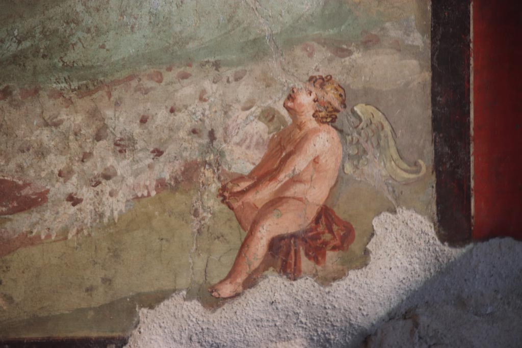 VI.15.1 Pompeii. October 2023.
Central wall painting from south wall, detail of Cupid from right (west) side. Photo courtesy of Klaus Heese.