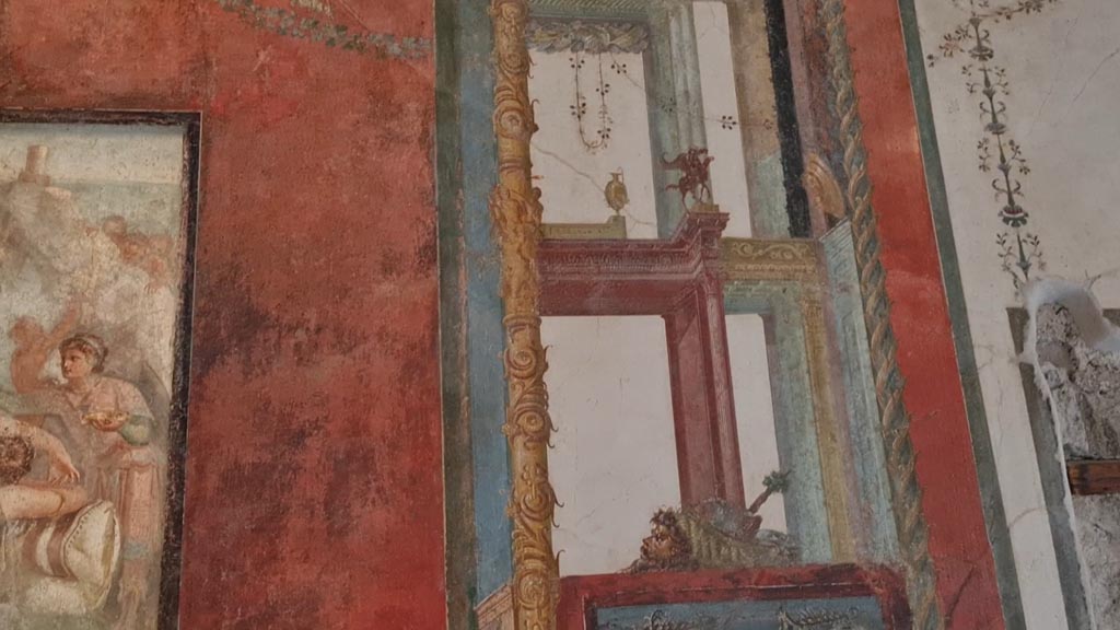 VI.15.1 Pompeii. April 2023.
Detail from painted panel on west side of central painting on south wall. Photo courtesy of Giuseppe Ciaramella.