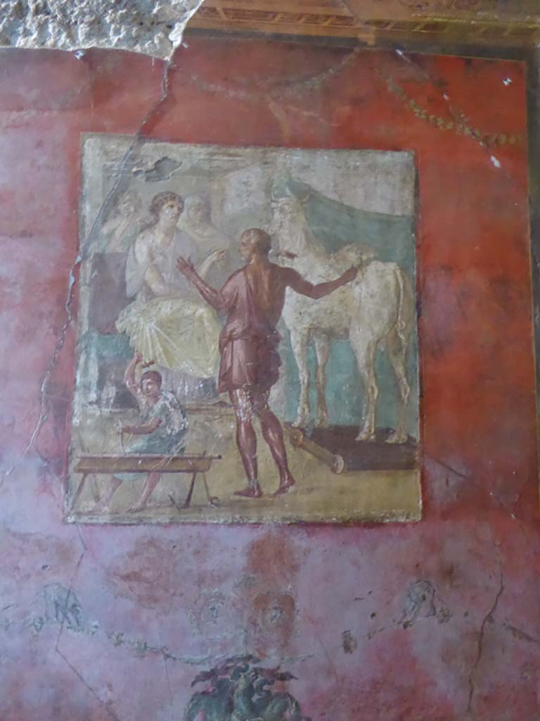 VI.15.1 Pompeii. January 2017.
Central painting from north wall of exedra, Daedalus showing Pasiphae the wooden cow.
Foto Annette Haug, ERC Grant 681269 DÉCOR.
