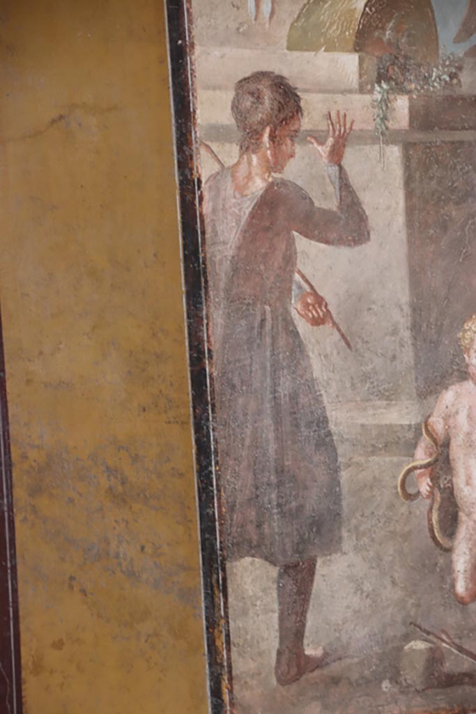 VI.15.1 Pompeii. October 2023.
North wall of exedra, detail from west side of painting. Photo courtesy of Klaus Heese.