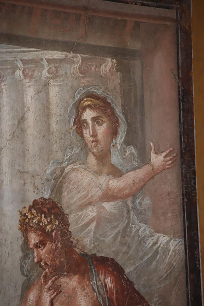 VI.15.1 Pompeii. October 2023.
North wall of exedra, upper east side with detail of Alcmene, the mother of Hercules.
Photo courtesy of Klaus Heese.