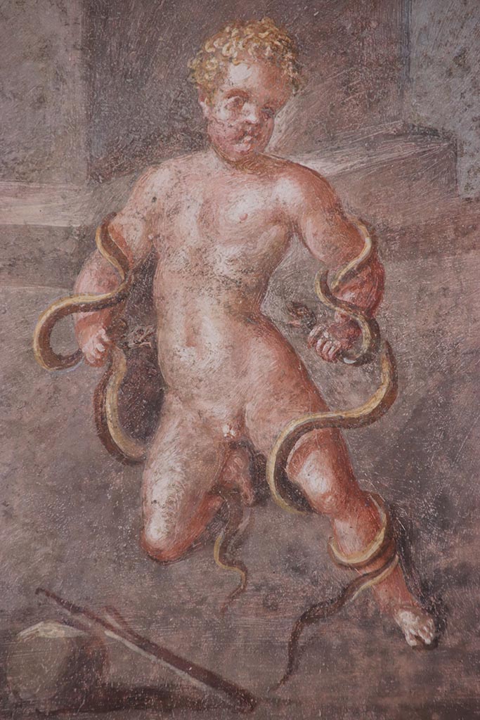 VI.15.1 Pompeii. October 2024.
North wall of exedra, detail of Hercules. Photo courtesy of Klaus Heese.