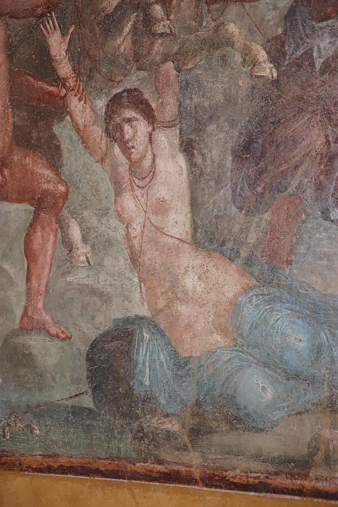 VI.15.1 Pompeii. October 2023.
Detail of Dirce from lower centre of painting of the Punishment of Dirce from centre of south wall of exedra.
Photo courtesy of Klaus Heese.